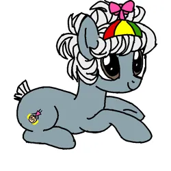 Size: 736x736 | Tagged: safe, artist:maremaxxer, ponerpics import, oc, oc:trinket toy, unofficial characters only, earth pony, pony, base used, blue coat, brown eyes, gray coat, hat, image, lying down, messy mane, photo, pinwheel hat, png, propeller hat, short mane, short tail, simple background, solo, white mane