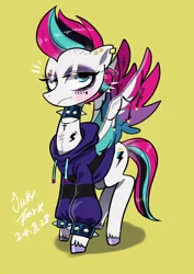 Size: 1240x1754 | Tagged: safe, artist:jully-park, derpibooru import, zipp storm, pegasus, pony, g5, bracelet, choker, clothes, ear piercing, earring, female, goth, goth zipp, hoodie, image, jewelry, jpeg, lidded eyes, looking at you, mare, piercing, simple background, solo, spiked choker, spiked wristband, spread wings, unamused, wing jewelry, wings, wristband, yellow background