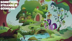 Size: 2000x1125 | Tagged: safe, derpibooru import, edit, edited screencap, editor:quoterific, screencap, spike, twilight sparkle, dragon, pony, unicorn, g4, magical mystery cure, bird house, bridge, duo, duo male and female, female, fluttershy's cottage, horn, image, male, mare, png, river, stream, unicorn twilight, water