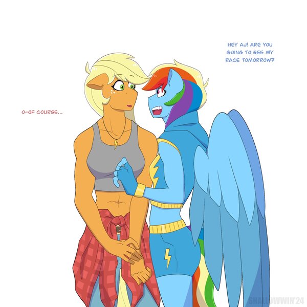 Size: 1948x1948 | Tagged: safe, artist:shallowwin, derpibooru import, applejack, rainbow dash, anthro, earth pony, pegasus, pony, clothes, cutie mark necklace, dialogue, female, flannel shirt, girlfriend, heart, image, jeans, jpeg, lesbian, love, mare, pants, shorts, tanktop, uniform, wings, wonderbolt trainee uniform