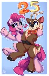 Size: 2000x3100 | Tagged: safe, artist:shadowreindeer, derpibooru import, pinkie pie, oc, oc:kevin reindeer, deer, pony, reindeer, balloon, birthday, happy birthday, image, jpeg