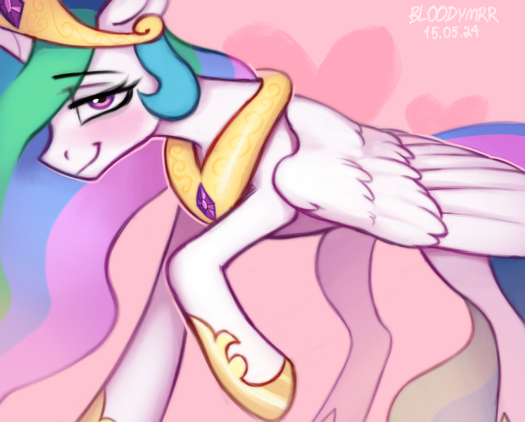 Size: 3934x3162 | Tagged: safe, artist:bloodymrr, derpibooru import, princess celestia, alicorn, pony, g4, alternate universe, blushing, crown, female, floppy ears, head down, heart, image, jewelry, looking at you, png, regalia, simple background, smiling, smiling at you, solo, wings