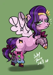 Size: 1240x1754 | Tagged: safe, artist:jully-park, derpibooru import, pipp petals, pegasus, pony, g5, chubby, clothes, goth, goth pipp, green background, image, jewelry, jpeg, necklace, pipp is chubby, shoes, simple background, solo