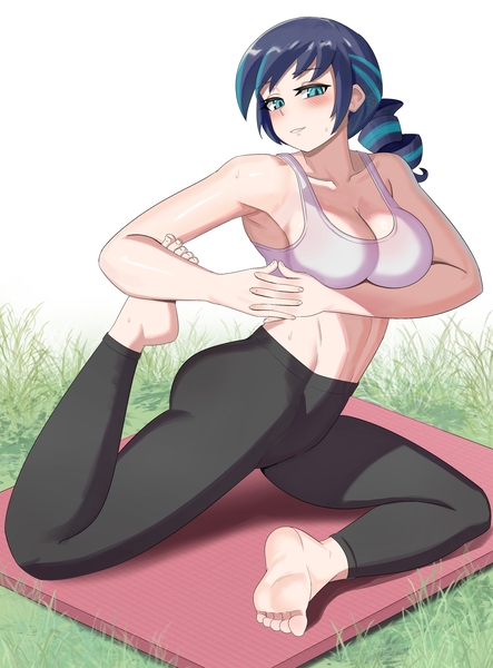 Size: 2950x4000 | Tagged: suggestive, artist:tzc, derpibooru import, coloratura, human, abs, barefoot, breasts, busty coloratura, clothes, feet, female, grass, humanized, image, jpeg, pants, rara, solo, solo female, sports bra, yoga, yoga mat, yoga pants