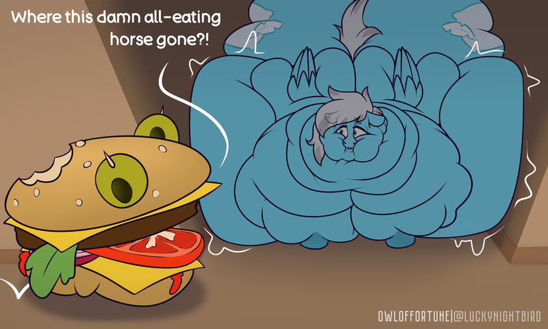 Size: 6500x3900 | Tagged: suggestive, artist:owloffortune, derpibooru import, oc, oc:sea fluff, unofficial characters only, pegasus, pony, burger, dialogue, fat, food, food monster, hiding, hyper, hyper obese, image, immobile, impossibly large everything, impossibly obese, morbidly obese, obese, pegasus oc, png, stomach noise, stuck, wings