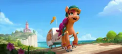 Size: 3739x1647 | Tagged: safe, artist:francesco denicolò, derpibooru import, sunny starscout, earth pony, pony, g5, my little pony: a new generation, cliff, concept art, female, helmet, image, jpeg, lighthouse, mare, maretime bay, nature, roller skates, scenery, skates, skating, smoothie cart, solo, sunny's house