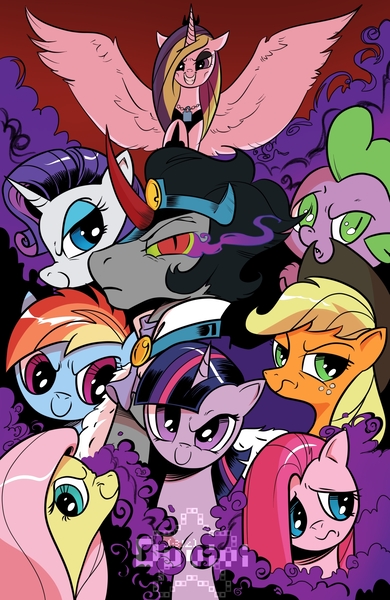 Size: 2008x3088 | Tagged: safe, artist:duvivi, derpibooru import, idw, applejack, fluttershy, king sombra, pinkie pie, princess cadance, rainbow dash, rarity, spike, twilight sparkle, alicorn, dragon, earth pony, pegasus, pony, unicorn, g4, reflections, spoiler:comic, alternate universe, dark mirror universe, evil applejack, evil cadance, evil counterpart, evil fluttershy, evil rainbow dash, evil spike, evil twilight, former good king sombra, good king sombra, horn, i can't believe it's not idw, image, jpeg, mane seven, mane six, mirror universe, pinkamena diane pie, wingless spike