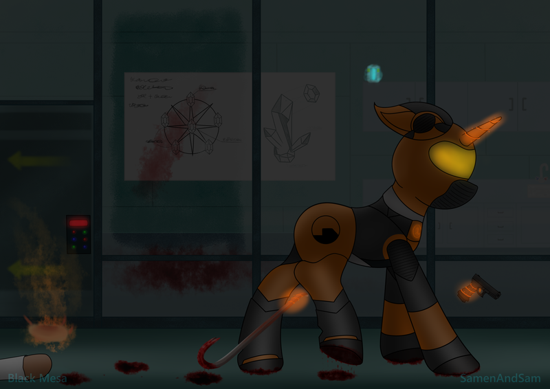 Size: 3508x2480 | Tagged: semi-grimdark, artist:samenandsam, derpibooru import, oc, pony, unicorn, black mesa, blood, broken glass, clothes, crowbar, glass, glow, glowing horn, gun, half-life, handgun, headcrab, hev suit, high res, horn, image, magic, male, pistol, png, solo, stallion, suit, telekinesis, weapon