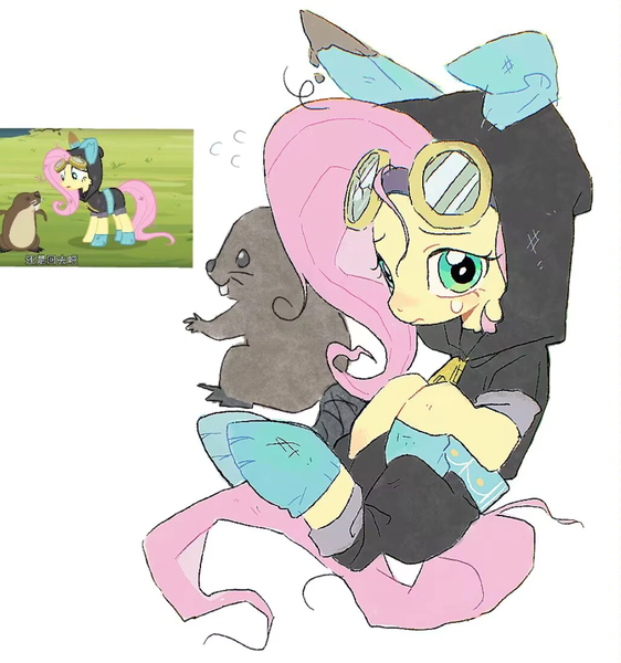 Size: 1028x1098 | Tagged: safe, artist:wooodd_, derpibooru import, fluttershy, beaver, pegasus, pony, g4, magic duel, clothes, costume, dangerous mission outfit, female, goggles, hoodie, image, mare, png, reference used, simple background, sitting, teary eyes, white background