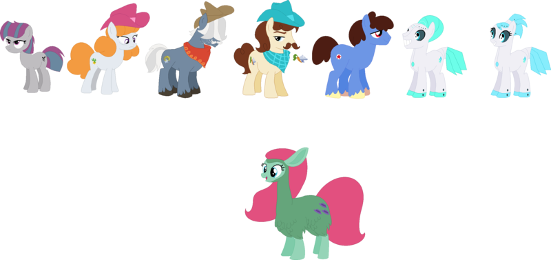 Size: 2703x1275 | Tagged: safe, artist:victorfazbear, derpibooru import, edit, cha cha, llama, pony, g1, g4, my little pony: pony life, g4.5 to g4, generation leap, image, mrs. bags, natalie, noctula, png, pulverizer, saddle bags