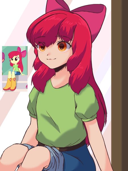 Size: 768x1024 | Tagged: safe, artist:namaenonaipony, derpibooru import, apple bloom, human, belt, clothes, denim, humanized, image, jeans, jpeg, pants, reference used, shirt, sitting, smiling, solo, t-shirt