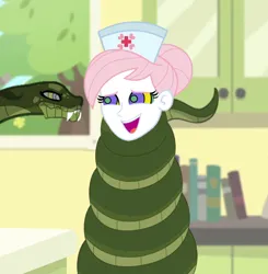 Size: 1058x1080 | Tagged: safe, artist:tyriuskishayinew16, derpibooru import, nurse redheart, chimera, human, snake, equestria girls, g4, coils, cute, duo, female, hat, hypno eyes, hypnosis, hypnotized, image, kaa eyes, looking at each other, looking at someone, nurse hat, open mouth, open smile, png, smiling, smiling at each other