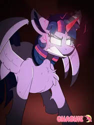 Size: 3600x4800 | Tagged: safe, artist:gnashie, derpibooru import, twilight sparkle, alicorn, angry, glow, glowing eyes, gritted teeth, horn, image, png, sparks, teeth, wings