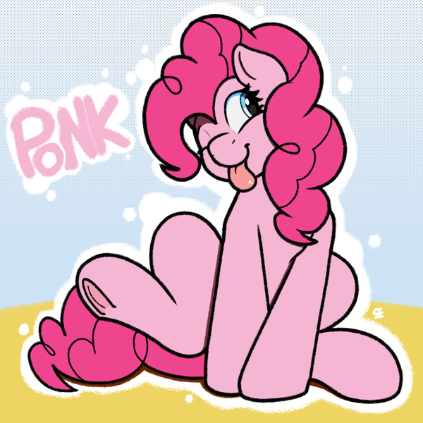 Size: 2048x2048 | Tagged: safe, artist:sefastpone, derpibooru import, pinkie pie, earth pony, pony, ;p, abstract background, cute, diapinkes, frog (hoof), image, one eye closed, png, ponk, sitting, tongue out, underhoof, wink