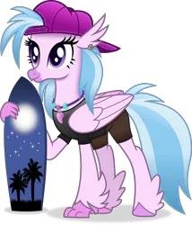 Size: 4562x5319 | Tagged: safe, artist:anime-equestria, derpibooru import, silverstream, hippogriff, g4, alternate hairstyle, backwards ballcap, baseball cap, cap, ear piercing, female, hat, image, jewelry, necklace, piercing, png, simple background, smiling, solo, surfboard, transparent background, vector, wings