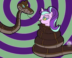 Size: 1024x833 | Tagged: safe, artist:lol20, derpibooru import, starlight glimmer, pony, snake, unicorn, coils, cute, female, horn, hypno eyes, hypnosis, hypnotized, image, jpeg, kaa, kaa eyes, looking at each other, looking at someone, male, mare, open mouth, open smile, s5 starlight, smiling, smiling at each other, snake tail, tail, tongue out, wrapped snugly, wrapped up