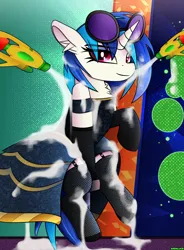 Size: 1872x2547 | Tagged: suggestive, artist:andaluce, derpibooru import, vinyl scratch, pony, unicorn, clothes, cream, dress, female, fishnet clothing, fishnets, gala dress, horn, image, looking at you, mare, png, scenery, socks, solo, solo female, stockings, thigh highs