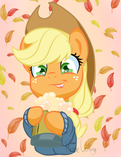 Size: 1144x1480 | Tagged: safe, artist:flutterbug18, derpibooru import, applejack, earth pony, pony, applejack's hat, autumn, autumn leaves, cider, cider mug, clothes, cowboy hat, female, hat, image, leaf, leaves, mare, mug, png, solo, sweater