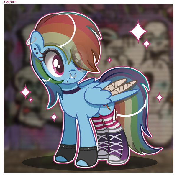 Size: 5000x5000 | Tagged: safe, artist:scarffist, derpibooru import, rainbow dash, pegasus, pony, bandage, bandaged wing, base used, clothes, collar, converse, cute, ear piercing, earring, emo, emo dash, eyeshadow, gloves, image, jewelry, long tail, makeup, multicolored hair, nose piercing, piercing, png, purple eyes, rainbow hair, shoes, short hair, short mane, socks, solo, sparkles, stockings, striped socks, surprised, tail, thigh highs, wings