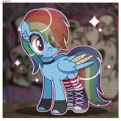 Size: 5000x5000 | Tagged: safe, artist:scarffist, derpibooru import, rainbow dash, pegasus, pony, bandage, bandaged wing, base used, clothes, collar, converse, cute, ear piercing, earring, emo, emo dash, eyeshadow, gloves, image, jewelry, long tail, makeup, multicolored hair, nose piercing, piercing, png, purple eyes, rainbow hair, shoes, short hair, short mane, socks, solo, sparkles, stockings, striped socks, surprised, tail, thigh highs, wings