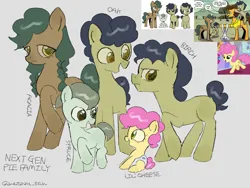 Size: 4096x3072 | Tagged: safe, artist:metaruscarlet, derpibooru import, idw, li'l cheese, earth pony, pony, g4, the last problem, spoiler:comic, spoiler:comic99, acacia pie, baby, baby pony, birch pie, diaper, english, female, filly, foal, gray background, grumpy, image, looking at each other, looking at someone, mane, oak pie, official comic, older, open mouth, png, raised hoof, reference, screencap reference, simple background, sitting, spruce pie, text