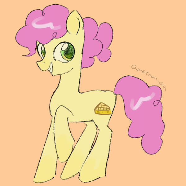 Size: 4096x4096 | Tagged: safe, artist:metaruscarlet, derpibooru import, li'l cheese, earth pony, pony, g4, the last problem, grin, image, mane, older, orange background, png, raised hoof, simple background, smiling, solo