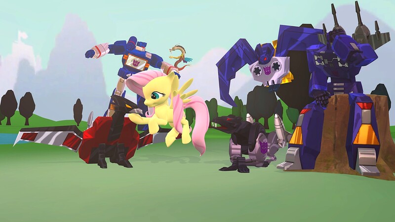 Size: 1920x1080 | Tagged: safe, artist:tannerthecat1996, derpibooru import, discord, fluttershy, pegasus, pony, 3d, crossover, decepticon, female, gmod, group shot, image, jpeg, laserbeak, mare, petting, ratbat, ravage, rumble (transformers), soundwave, transformers