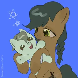 Size: 4096x4096 | Tagged: safe, artist:metaruscarlet, derpibooru import, earth pony, pony, g4, acacia pie, baby, baby pony, babysitting, blue background, braid, braided pigtails, brother and sister, colt, diaper, duo, female, foal, holding a baby, image, looking at each other, looking at someone, male, mare, not an oc, open mouth, pigtails, pleased, png, siblings, simple background, spruce pie, stars