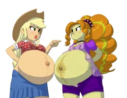 Size: 3178x2472 | Tagged: suggestive, alternate version, artist:carnifex, derpibooru import, adagio dazzle, applejack, human, fanfic:pick your perspective: between a cowgirl and a diva, equestria girls, g4, adagio dat-azzle, adagio preggo, arm behind back, belly, belly button, belly freckles, belly to belly, big belly, breasts, busty applejack, cleavage, clothes, colored, commission, cover art, delicious flat chest, duo, duo female, female, females only, flatdagio dazzle, freckles, front knot midriff, frown, hand on hip, image, linea nigra, low angle, midriff, multiple variants, offscreen character, open frown, open mouth, outie belly button, png, pointing, pov, preggo jack, pregnant, shirt, shorts, simple background, skirt, tight clothing, unbuttoned, vein