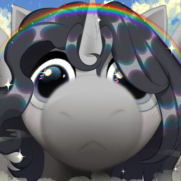 Size: 3000x3000 | Tagged: safe, artist:rrd-artist, derpibooru import, oc, oc:neil davidson, unofficial characters only, alicorn, pony, alicorn oc, bangs, boop, close-up, cloud, cracked horn, horn, image, looking at you, male, o.o, png, rainbow, shiny mane, snoot, solo, stallion, stare, wide eyes, wings