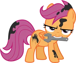 Size: 3570x3000 | Tagged: safe, artist:cloudy glow, derpibooru import, scootaloo, pegasus, pony, g4, female, filly, foal, grease, image, mechanic, png, simple background, solo, transparent background, vector, wrench