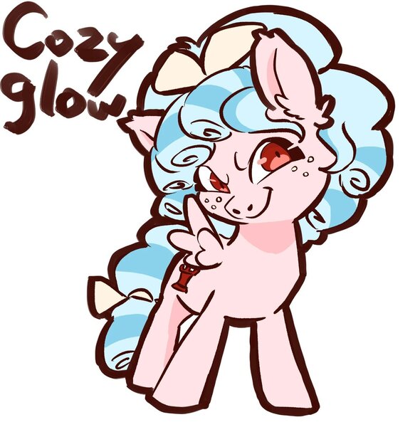 Size: 1439x1463 | Tagged: safe, artist:mayugraffiti, derpibooru import, cozy glow, pegasus, pony, g4, female, filly, foal, image, jpeg, looking at you, name, simple background, smiling, smiling at you, smirk, solo, spread wings, white background, wings