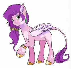 Size: 1431x1396 | Tagged: safe, artist:mayugraffiti, derpibooru import, pipp petals, pegasus, pony, g5, alternate hairstyle, bracelet, coat markings, ear piercing, earring, female, flower, flower in hair, hair tie, image, jewelry, jpeg, leonine tail, mare, piercing, simple background, smiling, solo, tail, unshorn fetlocks, white background