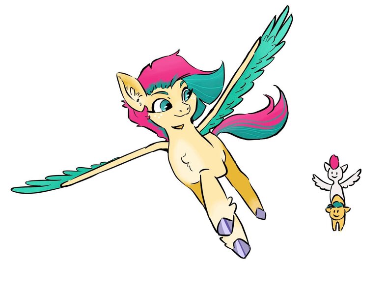 Size: 1562x1186 | Tagged: safe, artist:mayugraffiti, derpibooru import, hitch trailblazer, zipp storm, oc, earth pony, pegasus, pony, g5, carrying, chest fluff, colored wings, family, female, fetlock tuft, flying, freckles, image, jpeg, looking back, male, mare, offspring, parent:hitch trailblazer, parent:zipp storm, parents:stormblazer, ship:stormblazer, shipping, simple background, spread wings, stallion, straight, tail, trio, white background, wind, windswept mane, windswept tail, wings