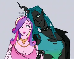 Size: 3112x2508 | Tagged: safe, artist:peachmichea, derpibooru import, princess cadance, queen chrysalis, human, g4, breasts, bust, busty princess cadance, cadalis, choker, duo, duo female, elf ears, fangs, female, gray background, height difference, holding hands, horn, horned humanization, humanized, image, infidelity, jewelry, jpeg, lesbian, necklace, pony coloring, shipping, signature, simple background, smiling