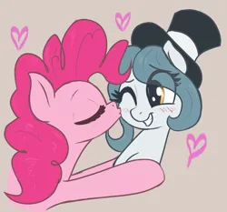 Size: 2740x2550 | Tagged: safe, artist:t72b, derpibooru import, pinkie pie, oc, oc:hattsy, earth pony, pony, blushing, eyes closed, female, grin, hat, image, kiss on the cheek, kissing, mare, one eye closed, png, simple background, smiling, top hat