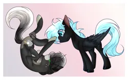 Size: 1302x820 | Tagged: safe, artist:gnocchicavearts, derpibooru import, oc, oc:midnight lancer, oc:obsidian limelight, crystal pony, pegasus, unicorn, cute, horn, image, lying down, on back, png, smiling, upside down