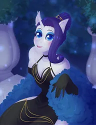 Size: 3148x4096 | Tagged: safe, artist:yutailaarts, derpibooru import, rarity, anthro, pony, unicorn, g4, alternate hairstyle, breasts, busty rarity, cleavage, clothes, dress, evening gloves, feather boa, female, gloves, horn, image, jpeg, long gloves, looking up, mare, solo