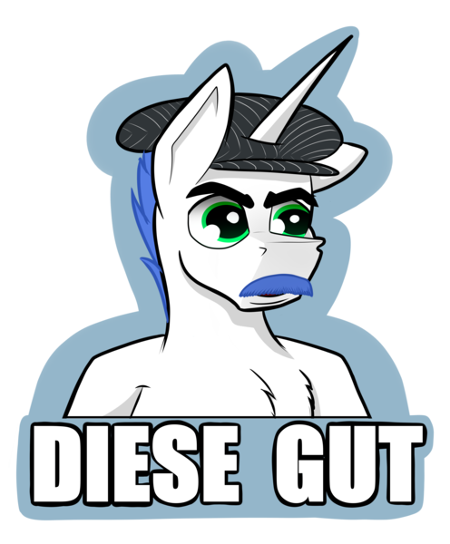 Size: 4645x5616 | Tagged: safe, artist:bumskuchen, derpibooru import, oc, oc:shifting gear, pony, unicorn, bust, clothes, german, german meme, hat, horn, image, meme, png, solo, sticker