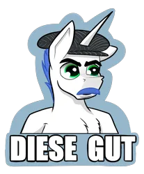 Size: 4645x5616 | Tagged: safe, artist:bumskuchen, derpibooru import, oc, oc:shifting gear, pony, unicorn, bust, clothes, german, german meme, hat, horn, image, meme, png, solo, sticker