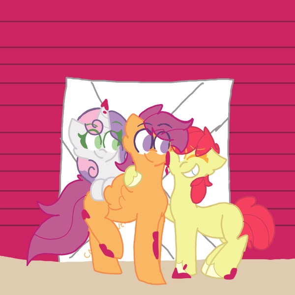 Size: 720x720 | Tagged: safe, derpibooru import, apple bloom, scootaloo, sweetie belle, earth pony, pegasus, pony, unicorn, cutie mark crusaders, female, horn, image, looking at each other, looking at someone, paint stains, png, polyamory, ship:polycrusaders, shipping, trio, trio female