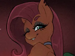 Size: 1508x1129 | Tagged: suggestive, artist:darknud, derpibooru import, fluttershy, anthro, pony, g4, bedroom eyes, bust, choker, ear piercing, earring, eyeshadow, female, image, jewelry, jpeg, looking at you, looking back, looking back at you, makeup, mare, piercing, preview, smiling, smiling at you, solo