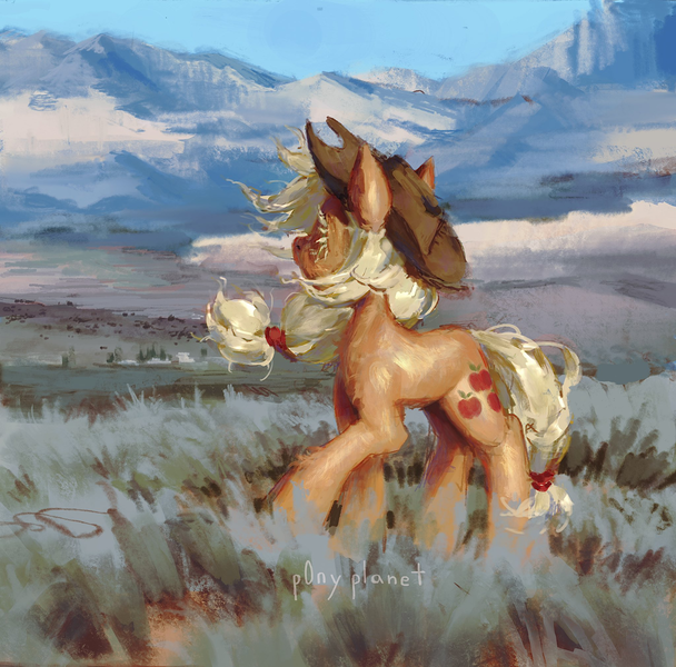 Size: 2048x2020 | Tagged: safe, artist:p0nyplanet, derpibooru import, applejack, earth pony, pony, g4, applejack's hat, cowboy hat, female, grass, grass field, hairband, hat, high res, image, looking away, mare, mountain, painterly, png, signature, solo, wind, windswept mane