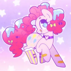 Size: 1600x1600 | Tagged: safe, artist:vivian reed, derpibooru import, pinkie pie, earth pony, pony, g4, bandaid, boots, bow, choker, clothes, female, food, food in hair, frosting, gradient background, hair bow, image, jpeg, licking, licking lips, mare, shoes, solo, standing on two hooves, tongue out