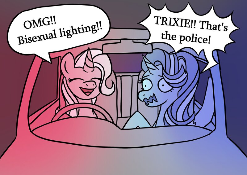 Size: 3400x2400 | Tagged: safe, artist:simpledoggo, derpibooru import, starlight glimmer, trixie, pony, unicorn, g4, car, dialogue, driving, eyes closed, female, horn, image, jpeg, lesbian, mare, oblivious, open mouth, open smile, pinpoint eyes, police, police siren, shipping, smiling, speech bubble, startrix, steering wheel, wavy mouth