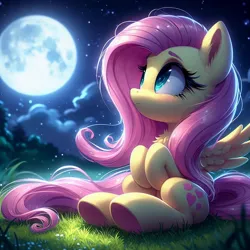 Size: 1024x1024 | Tagged: safe, ai content, derpibooru import, machine learning generated, prompter:nightofcore, fluttershy, pegasus, pony, g4, closed mouth, cute, eyes open, female, full moon, generator:bing image creator, generator:dall-e 3, grass, image, jpeg, looking up, mare, moon, night, outdoors, shyabetes, sitting, solo, spread wings, stars, wings