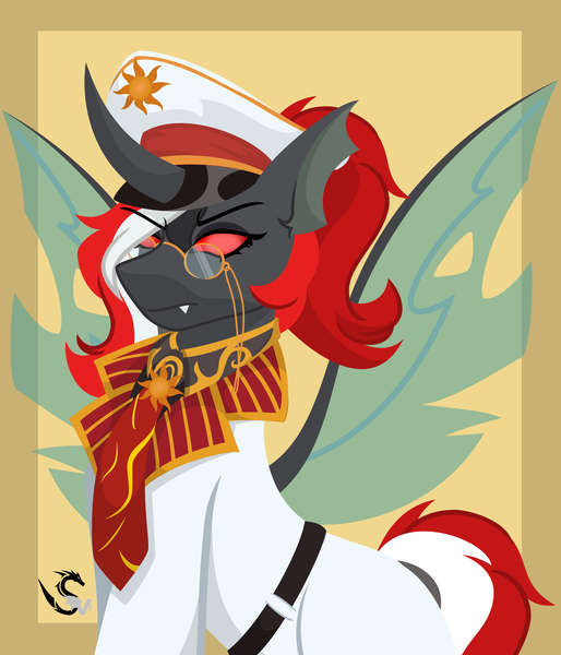 Size: 2847x3325 | Tagged: safe, artist:samsailz, derpibooru import, oc, oc:red rocket, changeling, equestria at war mod, background, belt, clothes, fangs, glasses, hat, image, necktie, png, red eyes, serious, solar empire, uniform, wings