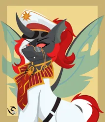 Size: 2847x3325 | Tagged: safe, artist:samsailz, derpibooru import, oc, oc:red rocket, changeling, equestria at war mod, background, belt, clothes, fangs, glasses, hat, image, necktie, png, red eyes, serious, solar empire, uniform, wings