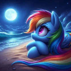 Size: 1024x1024 | Tagged: safe, ai content, derpibooru import, machine learning generated, prompter:nightofcore, rainbow dash, pegasus, pony, g4, beach, closed mouth, cute, dashabetes, eyes open, female, folded wings, full moon, generator:bing image creator, generator:dall-e 3, image, jpeg, lying down, mare, moon, night, outdoors, solo, wings