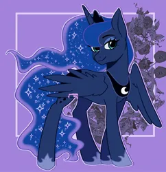 Size: 1979x2048 | Tagged: safe, artist:downsteepy, derpibooru import, princess luna, alicorn, pony, female, flower, high res, image, jpeg, mare, outline, smiling, solo, white outline